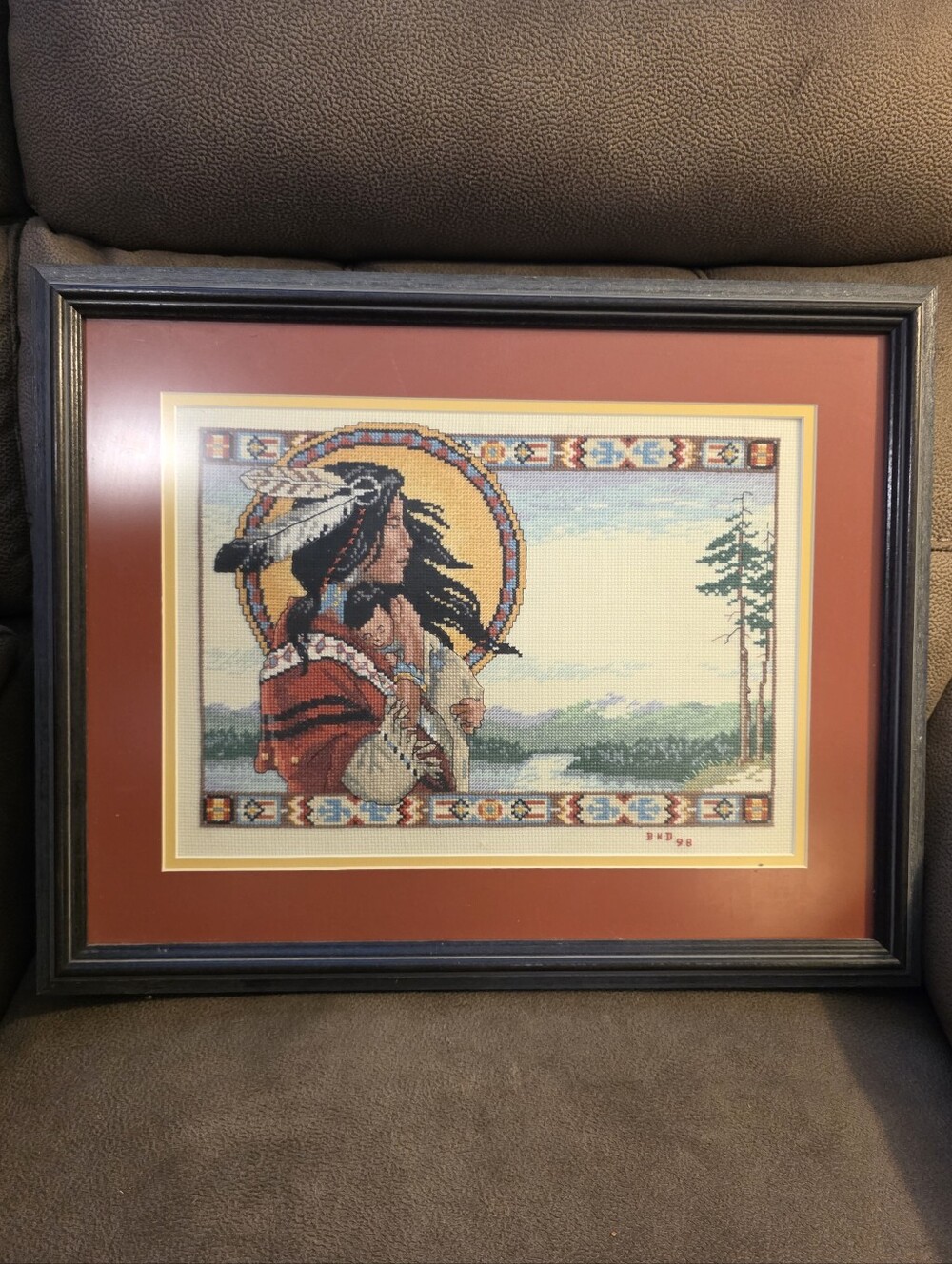 Vintage Framed Native American Cross Stitch Art - The Earth Is Our Mother